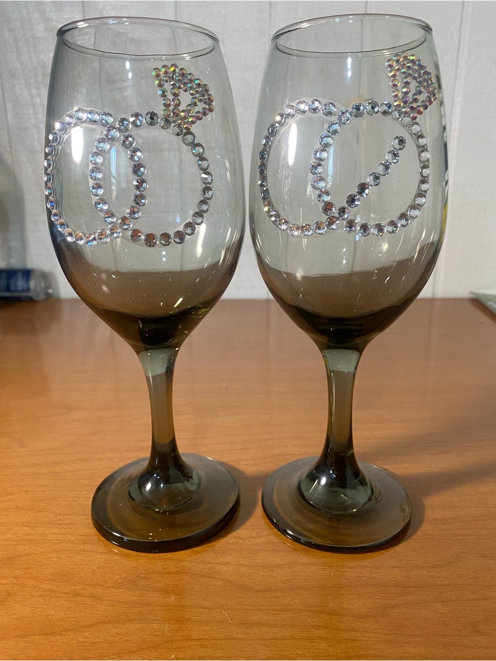 Smoky Glass Wine Goblets with Rhinestone Ring Accent - Set of 2